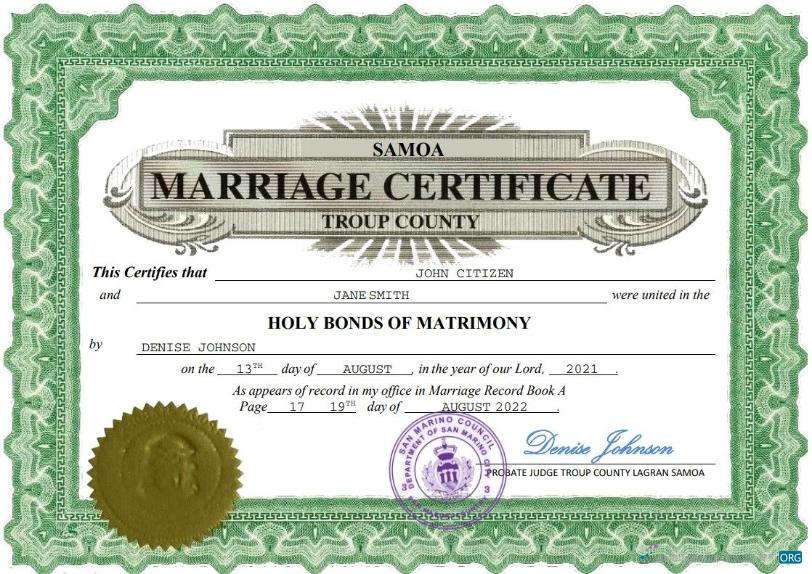 Download Samoa marriage certificate Word and PDF template Photoshop template